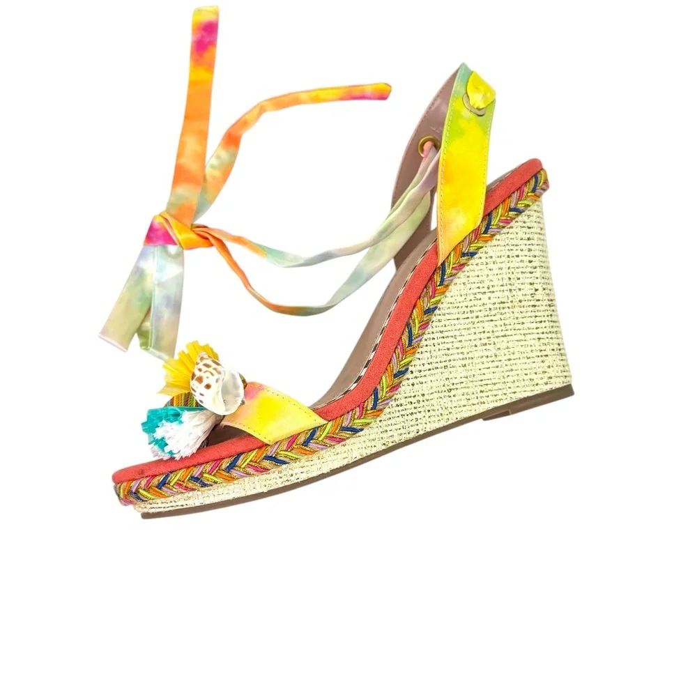 Betsey Johnson Izzi Embellished Wedge Sandals Lace Up Playful Whimsical Size 7 - Picture 5 of 9